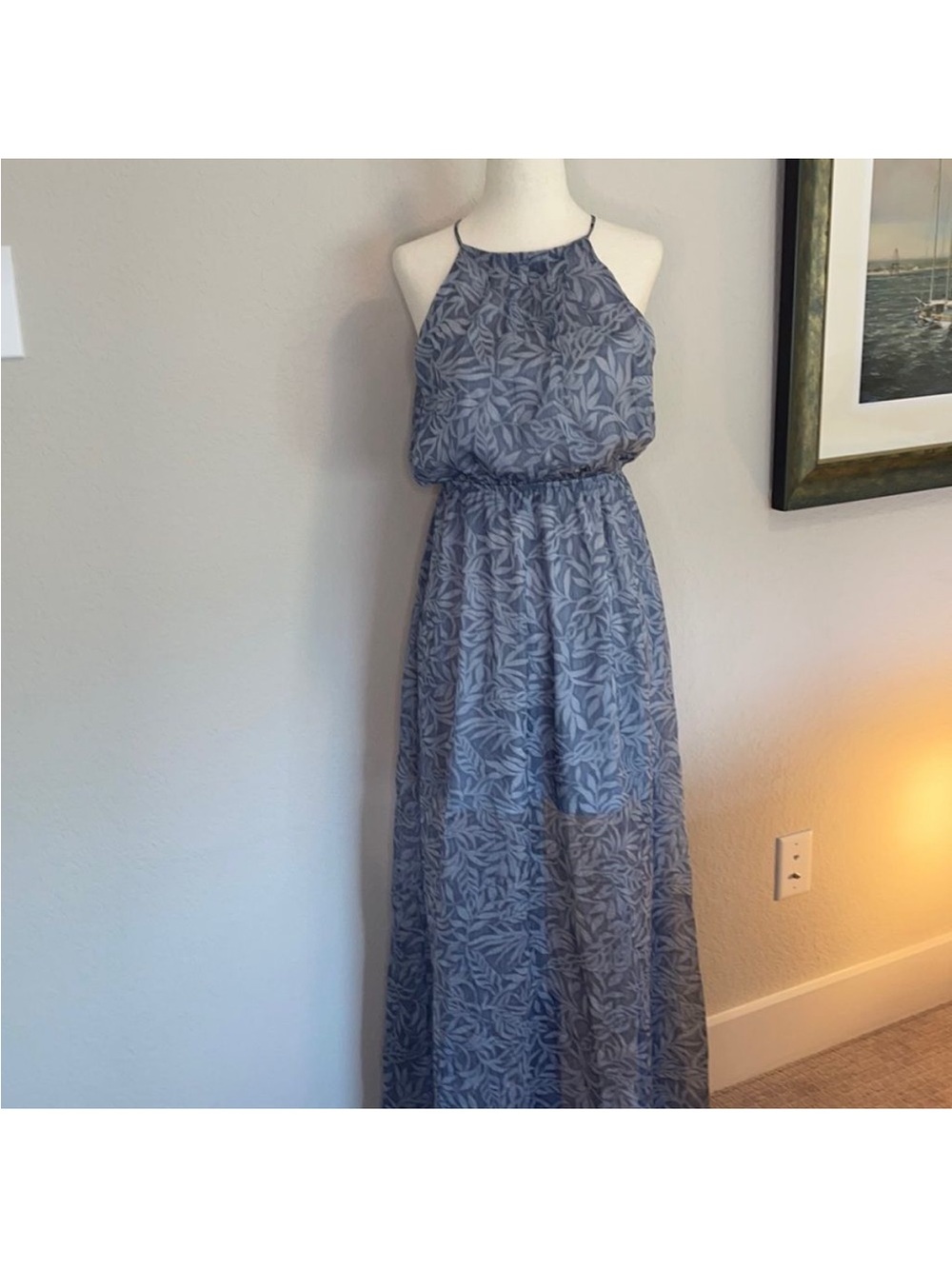 J.O.A. Blue Leaf-Print Halter Neck Maxi Dress